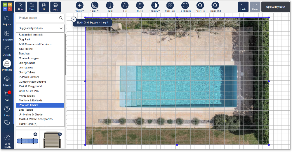 Category filters make it easy to browse and add specific product types, such as poolside chairs, umbrellas, or tables, into the design.